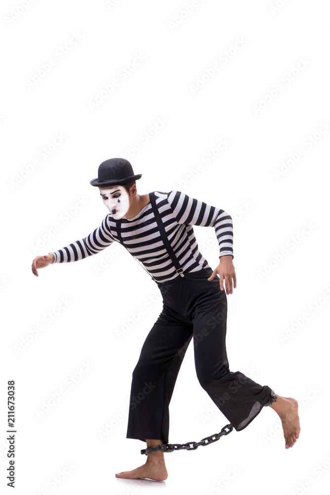 Mime with his feet chained isolated on white Mime with his feet chained isolated on white