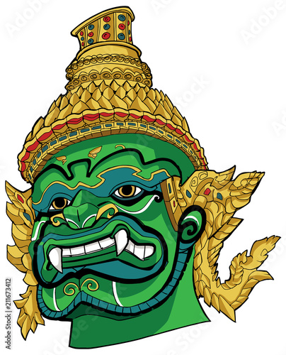 Thai Demon Green / Hand drawn portrait illustration of a Thai Demon.