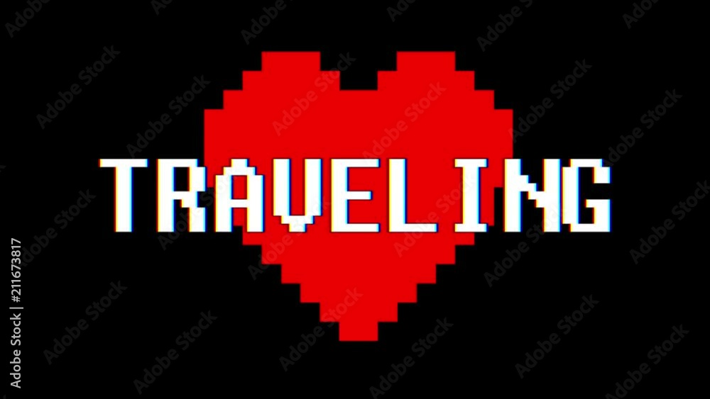 pixel heart TRAVELING word text glitch interference screen seamless loop animation background new dynamic retro vintage joyful colorful video footage pixel heart TRAVELING word text glitch interference screen seamless loop animation background new dynamic retro vintage joyful colorful video footage