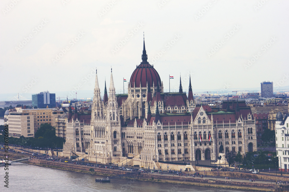 Budapest, Hungary - June 2018, The Hungarian Parliament Building, the Orszaghaz, and the River Danube in Budapest, Hungary, 29 June 2018