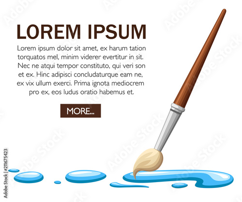 Flat design paintbrush with blue dye. Wooden handle. Vector illustration on white background. Concept design for website or advertising
