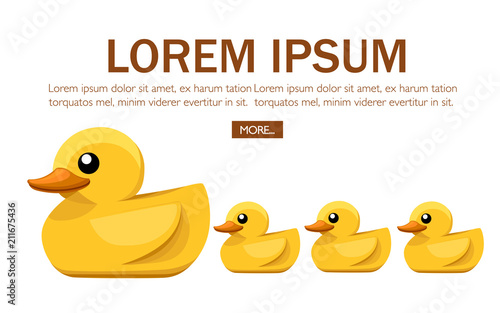 Yellow rubber duck. Cartoon cute ducky for bath. Flat vector illustration on white background. Concept design for website or advertising