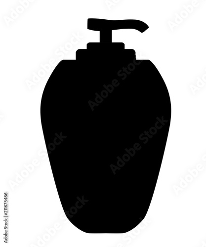 Black silhouette. Liquid soap bottle. Cosmetic container with dispenser. Flat cartoon style. Vector illustration isolated on white background