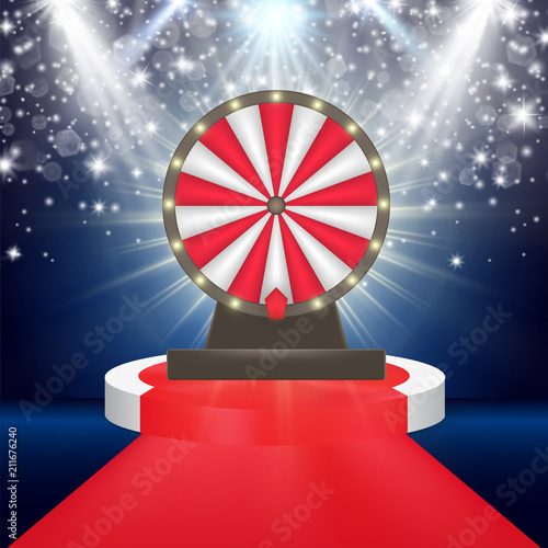 Red carpet podium with fame spotlight vector illumination. Winner or product presentation concept. Brilliant glittering sparkles around wheel of luck. Happy atmosphere, award ceremony. Gambling symbol