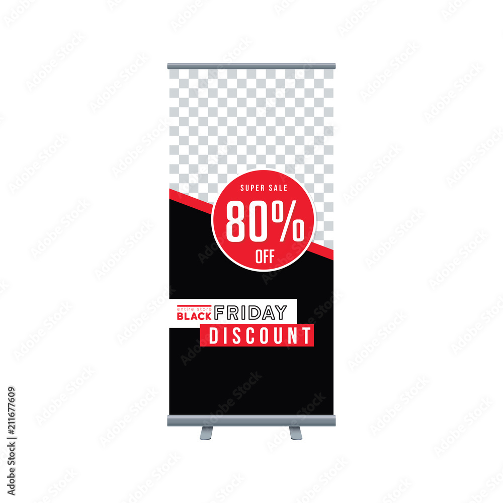 Roll Up banner template. Horizontal design. Black and red banner design. Black Friday sale poster. Sale voucher. Gift card. Facebook banner. Vector Illustration Roll Up banner template. Horizontal design. Black and red banner design. Black Friday sale poster. Sale voucher. Gift card. Facebook banner. Vector Illustration