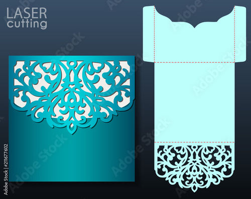 Die laser cut wedding envelope vector template. Wedding lace invitation mockup. Template for laser cutting. Die cut pocket envelope template. It can be used as an envelope for CD-ROM.