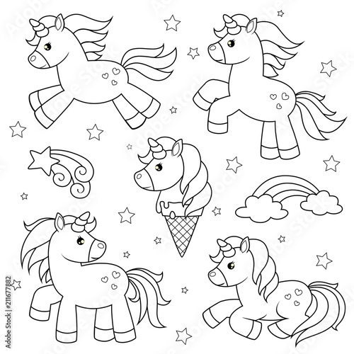 Set of cute cartoon unicorns. Black  and white vector illustration for coloring book