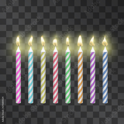 Birthday cake candles with burning flames on transparent background. Decoration for party posters, banners, cards, web-sites. Make a wish set for kids.
