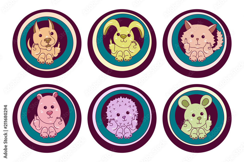 Obraz premium Cute animals showing fuck you, hand gesture vector illustration. Gesture finger hand middle sign in circles