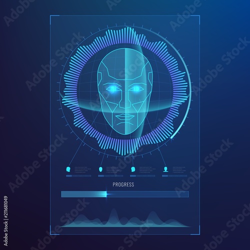Face digital recognition, id faces biometric scanning to safe access abstract vector futuristic background