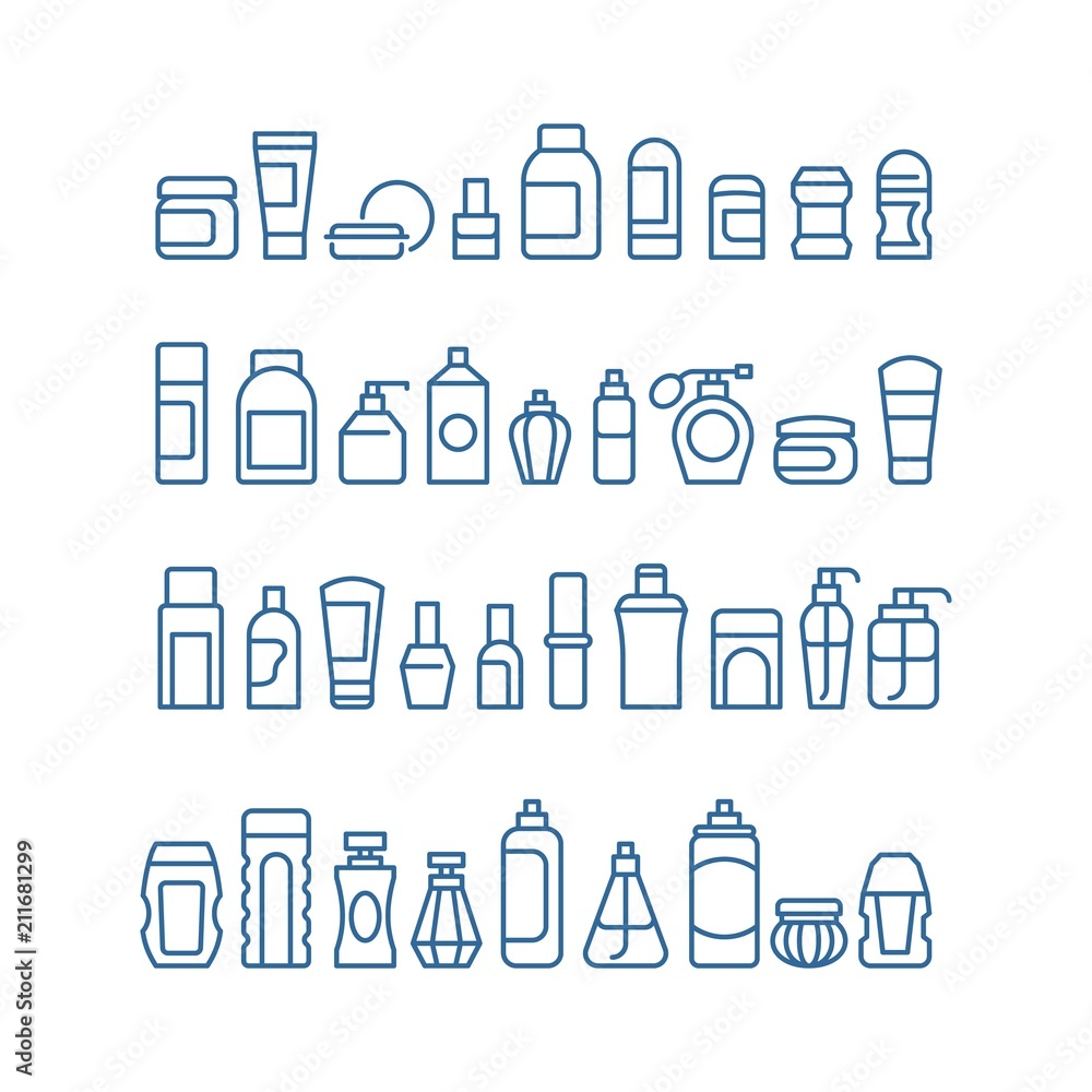 Woman beauty products, cosmetics, body skin care and makeup package vector icons isolated Woman beauty products, cosmetics, body skin care and makeup package vector icons isolated