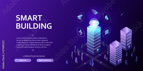 Smart building Isometric concept Automation control system of intelligent building Engineering systems, video surveillance, electrical appliances Abstract 3d city environment with new technologies