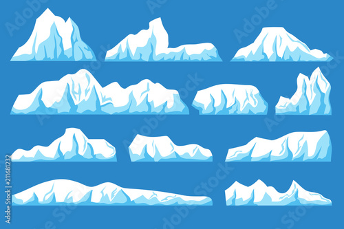 Cartoon floating iceberg vector set. Ocean ice rocks landscape for climate and environment protection concept