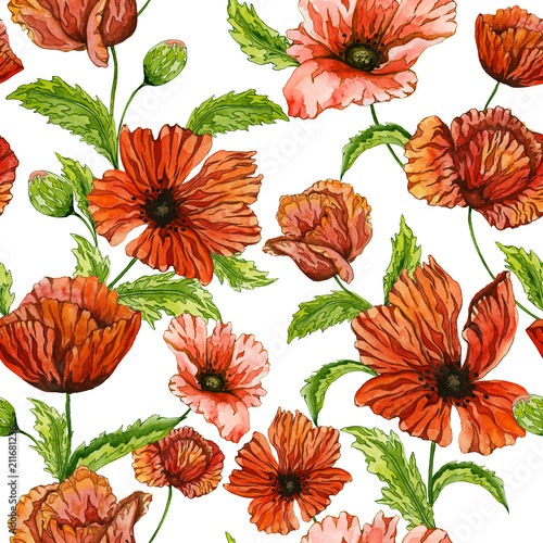 Beautiful red poppy flowers on green stems with leaves on white background. Seamless floral pattern. Watercolor painting. Hand painted illustration