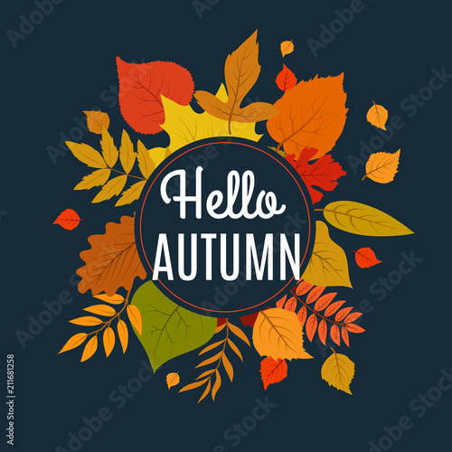 Hello autumn background with fall leaves. Nature autumnal vector concept