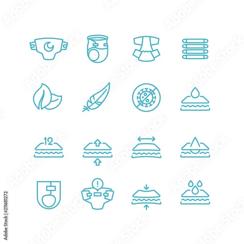 Disposable baby diaper and characteristics line icons. Absorbent hygiene products for infant with incontinence vector symbols isolated