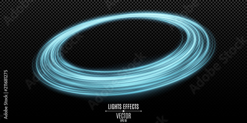 Abstract blue ring of swirling neon lines on a transparent dark background. Fantastic circle. Chaotic luminous lines. Vector illustration
