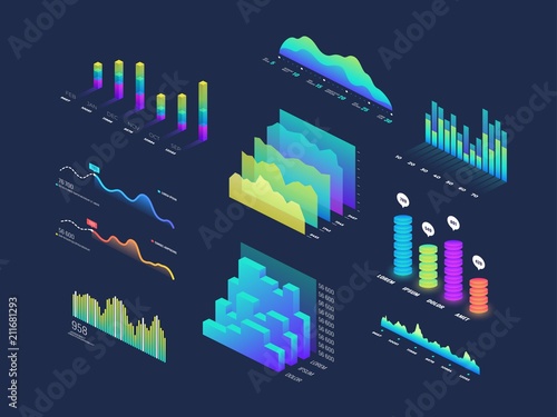 Future tech 3d isometric data finance graphic, business charts, analysis and plan binary indicators and infographic vector elements