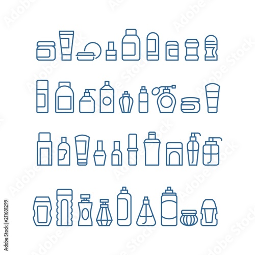 Woman beauty products, cosmetics, body skin care and makeup package vector icons isolated