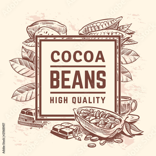 Cocoa plant with leaves. Cacao tree background. Sweet chocolate packaging vector design
