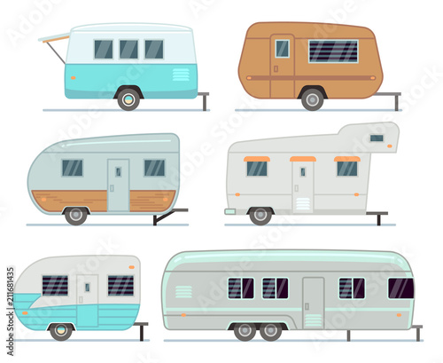 Rv camping trailers, travel mobile home, caravan vector set isolated