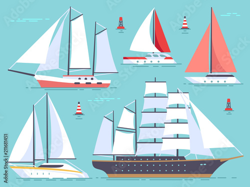 Transportation sailboats, yacht, sailing cruise ship. Sea and ocean vessel isolated vector set