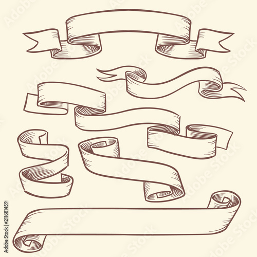Vintage victorian scroll ribbon banners, old tag labels vector hand drawn set isolated