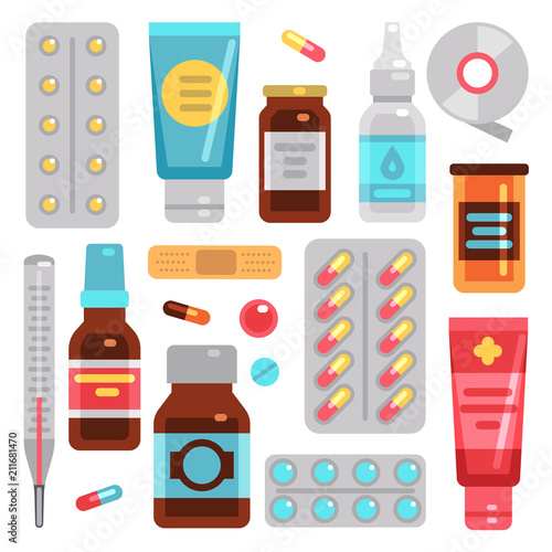 Medicine pharmacy drugs, pills, medicament bottles and medical equipment vector flat icons