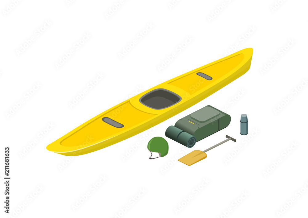 Rafting boat with equipment isometric view. Kayak, oar, bagpack, helmet, thermos isolated on white background. Vector illustration.