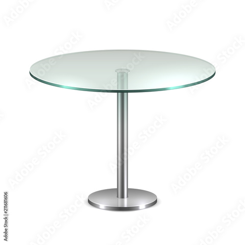 Empty glass round office table with metal stand isolated on white background. Vector template for coffee house interior