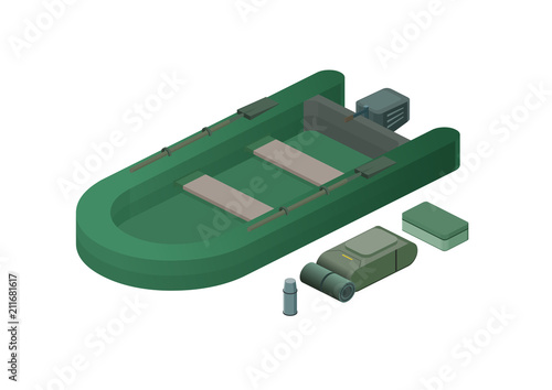 Rubber boat with equipment isometric view. Motor boat with oars, bagpack, thermos isolated on white background. Vector illustration.