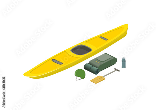Rafting boat with equipment isometric view. Kayak, oar, bagpack, helmet, thermos isolated on white background. Vector illustration.