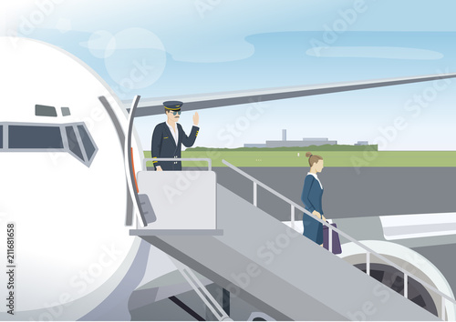 Pilot and fly attendant going out from the airplane after landing. Man and girl walk out plane at airport terminal. Vector Illustration.