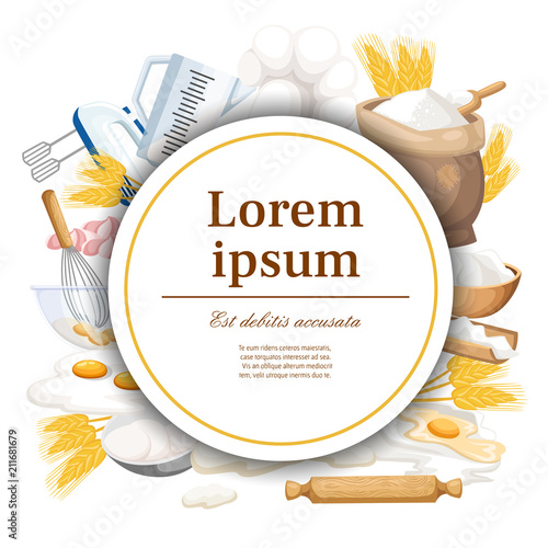 Baking ingredients and kitchen tools. Flat utensils collection. Round card design. Concept for card and advertising. White circle with place for your text. Vector illustration on white background