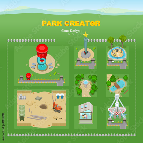 Amusement park. Game design 3D set. Attractions and decorative elements (Hydrant, Pirate Island, parks, ship, construction sites and catapults). Vector Illustration.