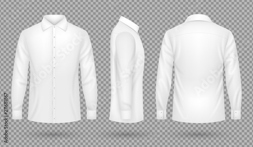 White blank male shirt with long sleeves in front, side, back views. Realistic vector template isolated photo