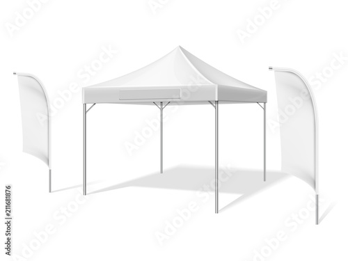 Empty white outdoor event tent with flying beach material flags vector illustration isolated on white background