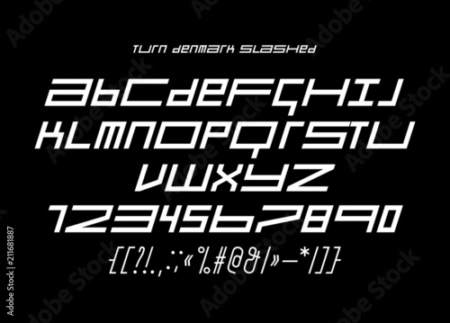 Square block geometric banner tape font, latin letters and numerals, simple modern blackletter display type that works for game screens and music bands covers, posters, prints, labels and packaging