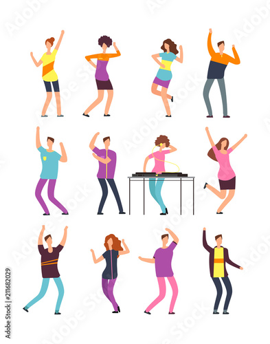 Happy young people dancing. Man and woman cartoon dancers isolated on white background