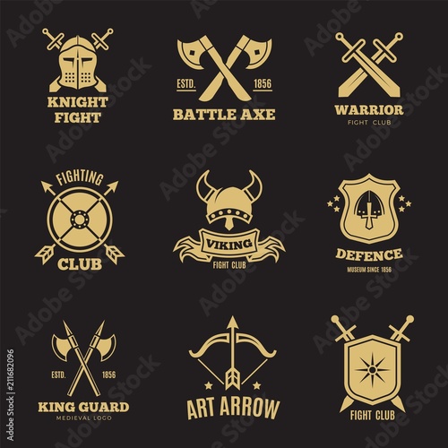 Vintage golden warrior sword and shield labels. Knight vector badges, heraldry coat of arms logos