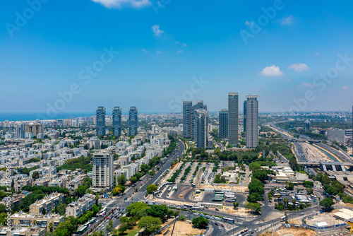 Aerial view of old buildings and appartment skyscrapers in Tel Aviv, Israel.