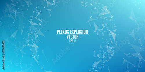 Geometrical modern round banner of flying triangles. Connected triangles. Plexus. Backdrop for your design. Vector illustration