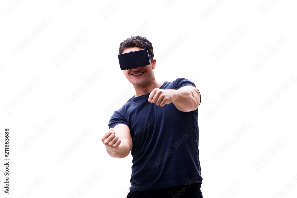 Man playing with virtual reality glasses on white background Man playing with virtual reality glasses on white background