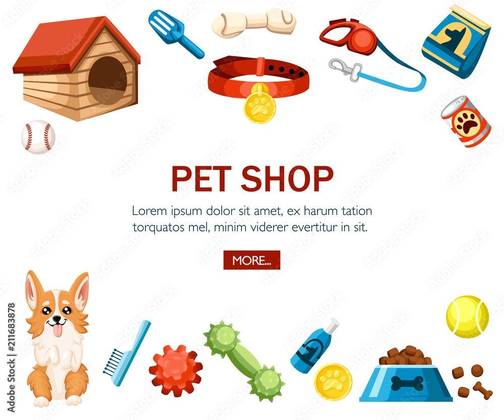 Pet care accessory. Pet shop decorative icons. Accessory for dogs. Flat  vector illustration on white background. Concept design for website or  advertising Stock Vector | Adobe Stock