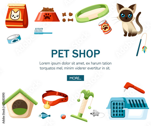 Pet care accessory. Pet shop decorative icons. Accessory for cats. Flat vector illustration on white background. Concept design for website or advertising