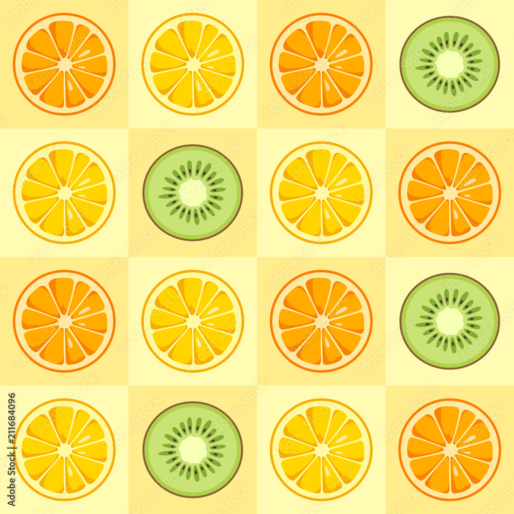Lemon, orange, kiwi slices seamless pattern.