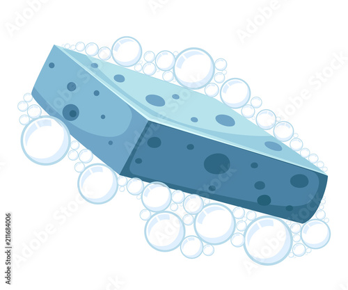 Blue shower sponge. Foam bubbles. Colorful bath icon. Flat vector illustration isolated on white background