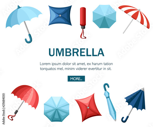 Collection of umbrellas. Flat style design. Umbrellas in various positions. Parasol opened and taken down. Flat vector illustration on white background. Concept design for website or advertising