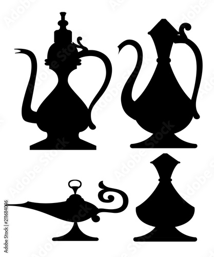 Black silhouette. Set of arabic jug and oil lamp illustration. Aladdin magic or genie lamp. Flat style vector illustration. Isolated on white background