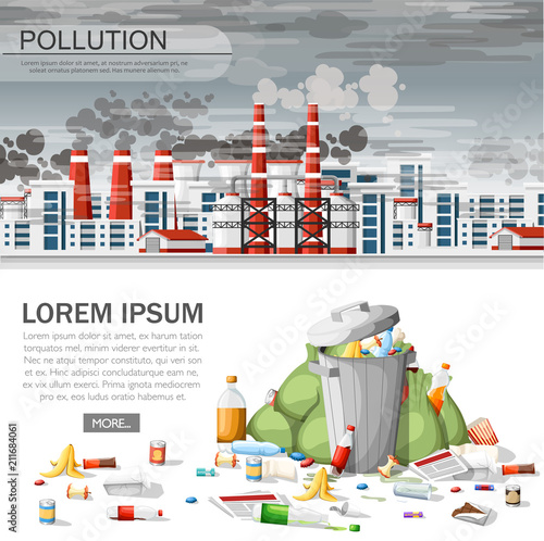 Overflowing trash can. Ecology problem, polluted air, environmental damage. Eco concept design for website or advertising. Vector illustration on white background